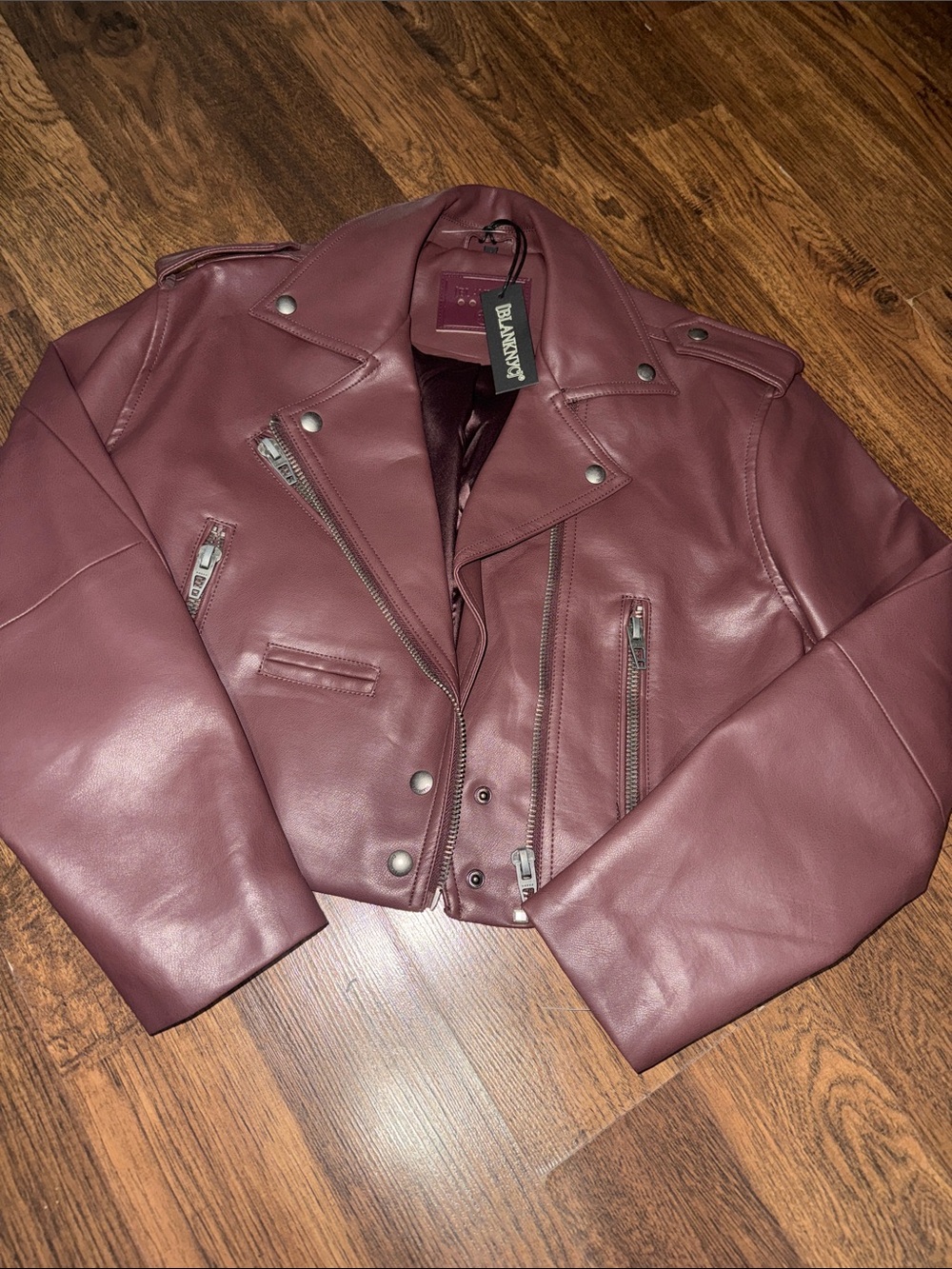 Blank NYC Women's Maroon Faux Leather Biker Jacket